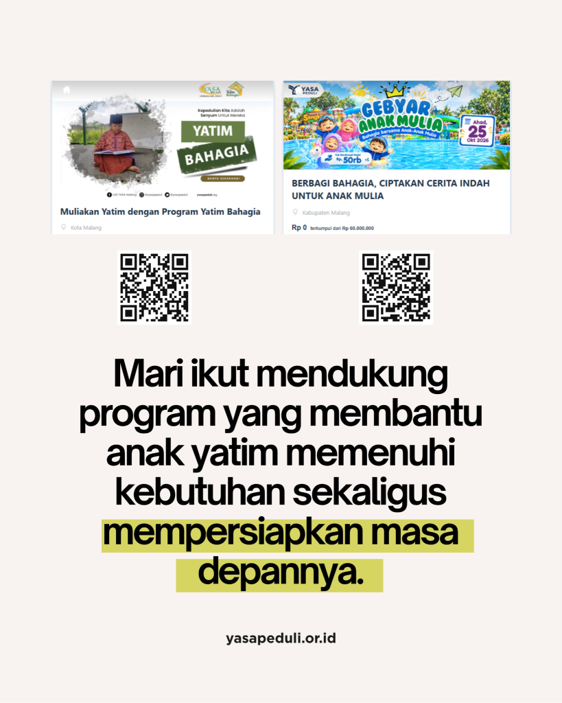 Poster ajakan mendukung program anak yatim untuk membantu memenuhi kebutuhan dan mempersiapkan masa depan mereka.
